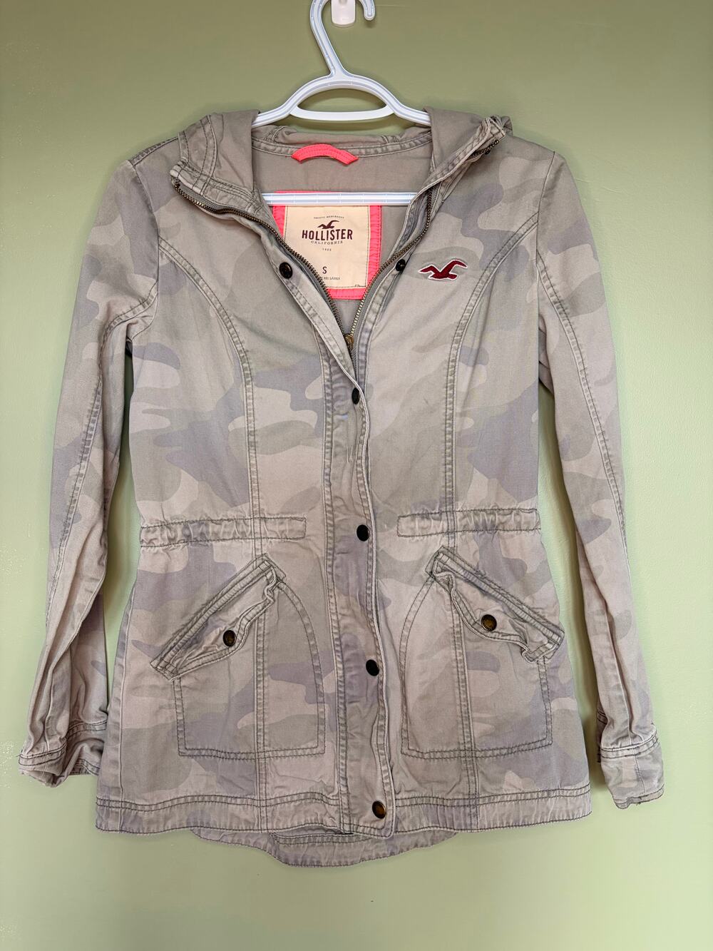 Hollister Camo Utility Jacket Size S Hooded Military Parka Gray Beige Y2K Casual